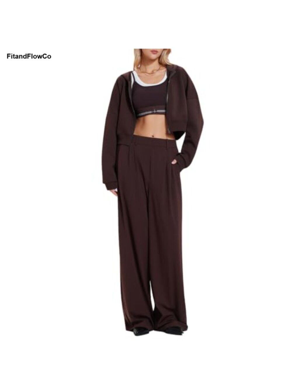 Women's 2 Piece Outfit Cropped Hoodie Wide Leg Pants Lounge Set